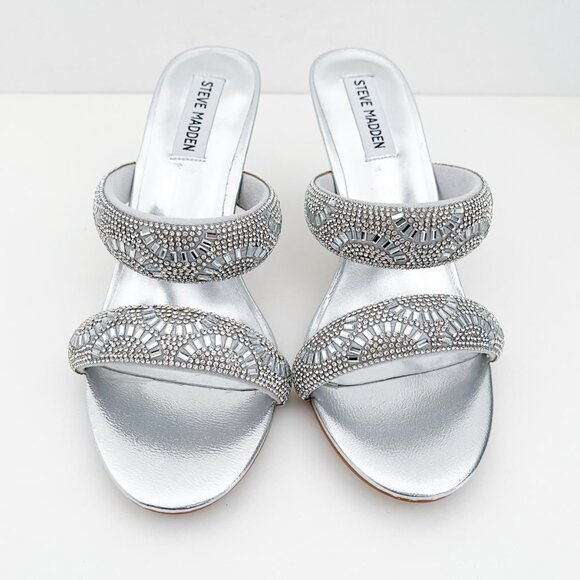 Steve Madden Baton Rhinestone Silver Mules Sandals Heels - Picture 4 of 14